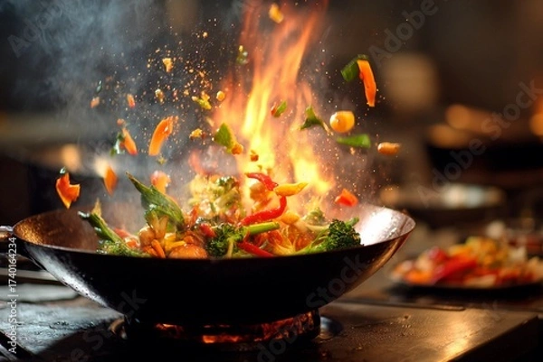 Obraz In a busy kitchen, vibrant vegetables are tossed in a hot wok over an open flame, creating a dynamic scene filled with colors and energy as dinner is being prepared