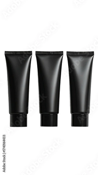 Fototapeta Three black cosmetic tubes.  Glossy,  vertical,  similar size.  Dark background