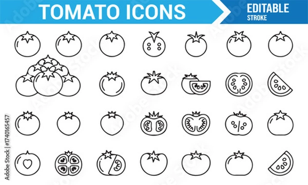 Fototapeta Tomato outline icons collection of whole and sliced fruits in editable stroke vector