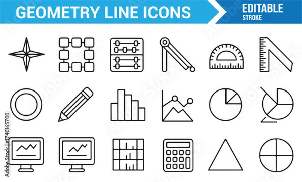 Fototapeta Simple stroke geometry tools and chart icons set for educational design