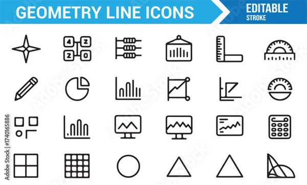 Fototapeta Math education outline icons with compass, ruler, and calculator symbols