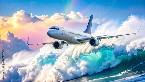 Obraz Airplane Flying Above Dramatic Ocean Waves with Rainbow in Sky