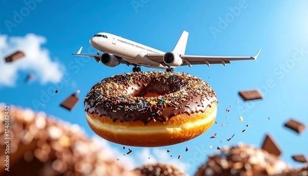 Obraz Airplane Flying Over a Chocolate Donut Against a Blue Sky