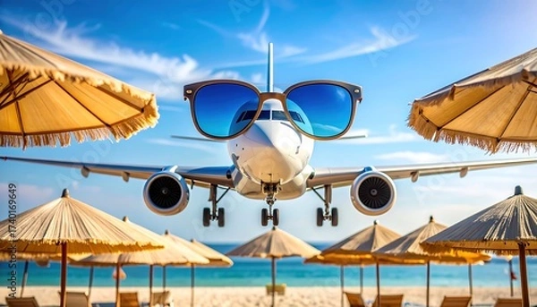 Obraz Airplane with Sunglasses Approaching Tropical Beach for Vacation Travel
