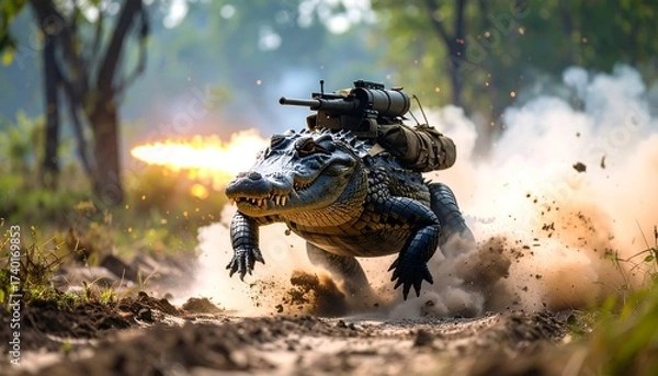 Obraz Alligator Firing Weapon in a Forest Scene with Explosions and Smoke