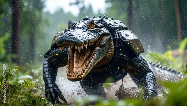 Obraz Alligator Rushing Through Forest in Rain