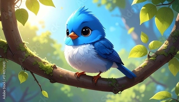 Obraz Adorable Blue Bird Perched on a Branch in a Sunny Forest Setting
