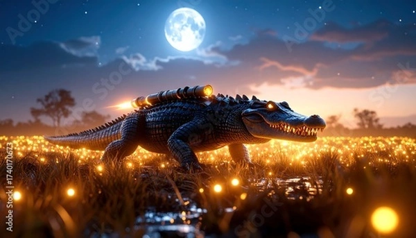 Obraz Alligator Walking Across a Glowing Field Under a Full Moon