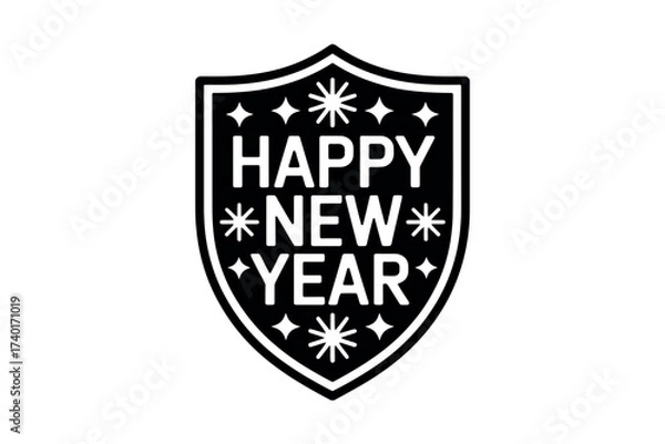 Fototapeta A black and white shield with the words happy new year and star illustrations