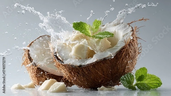 Fototapeta Split coconut, chunks of white pulp, mint sprig, water splash, light gray BG