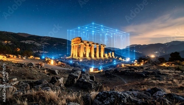 Obraz Ancient Temple at Night with Illuminated Elements and Mountain Landscape