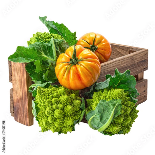 Fototapeta Wooden crate filled with fresh produce, including vibrant orange tomatoes and bright green Romanesco broccoli, surrounded by fresh green leaves