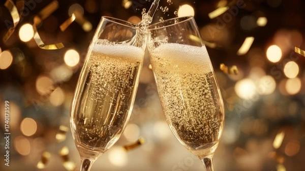 Fototapeta Two sparkling glasses of champagne are lifted in a toast. The background is filled with soft golden lights and confetti, creating a festive atmosphere perfect for celebration