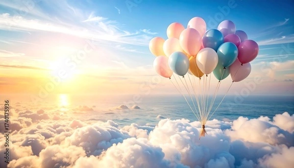 Obraz Balloons Floating Over Clouds at Sunset with Colorful Sky