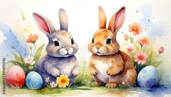Obraz Adorable Watercolor Easter Bunnies with Eggs and Flowers in a Springtime Scene