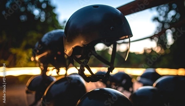 Obraz Black Helmets Displayed Outdoors with Natural Lighting