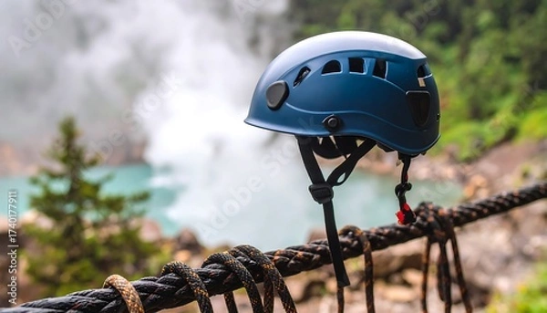 Obraz Blue Safety Helmet on Rope Bridge with Green Natural Scenery