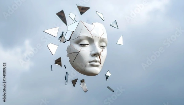 Obraz Broken Face Floating in Sky with Shattered Mirror Fragments