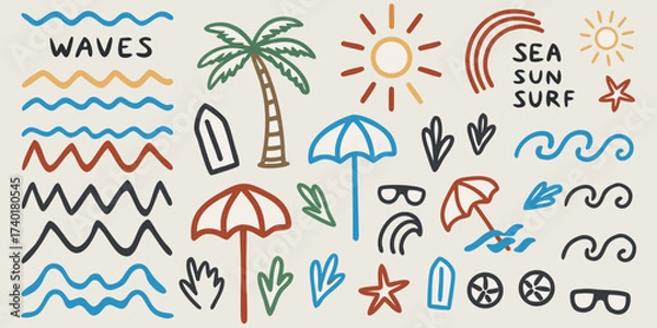 Fototapeta Collection of hand drawn summer beach vacation icons including waves sun palm tree surfboard and umbrellas