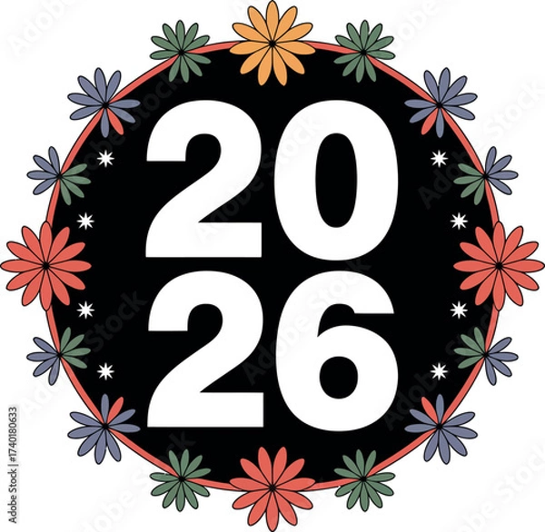 Fototapeta The year twenty twenty six in white font surrounded by a floral wreath design