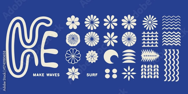 Fototapeta Abstract graphic design with stylized floral shapes wave patterns and text make waves surf