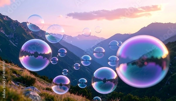 Obraz Bubbles Floating Over Mountain Landscape at Sunset with Colorful Sky