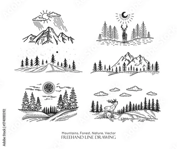 Fototapeta Mountains landscape set. Deer in front of the mountain ridge. Vector line drawing. Starry sky in forest, . Sketch label