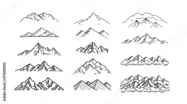 Fototapeta Line sketch of mountains and hills set. Engraving style, logo. Simple vector illustration