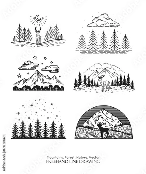 Fototapeta Mountains landscape set. Deer in front of the mountain ridge. Vector line drawing. Starry sky in forest, . Sketch label