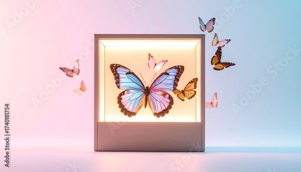 Obraz Butterflies Displayed in Illuminated Box with Gradient Background