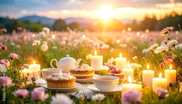 Obraz Candlelit Picnic with Cakes and Tea in a Field at Sunset