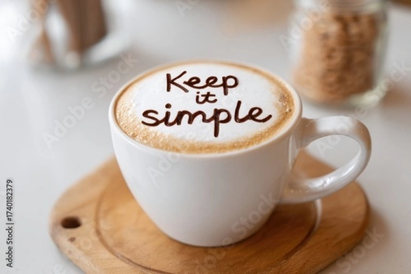 Fototapeta Coffee cup with foam art displaying the words keep it simple, resting on a wooden coaster, surrounded by a cozy cafe atmosphere, inviting relaxation and enjoyment