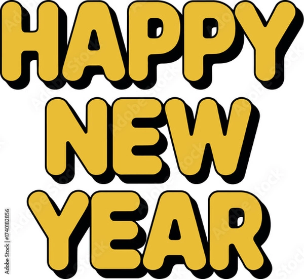Fototapeta Happy new year text in yellow block letters with black shadow on a white background