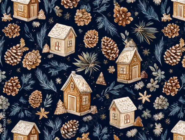 Fototapeta Festive winter pattern featuring cozy houses, pine cones, and snowflakes on a dark background