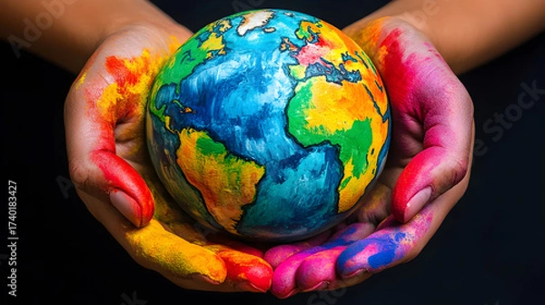 Fototapeta Colorful painted hands holding earth globe world kindness day background,generative ai