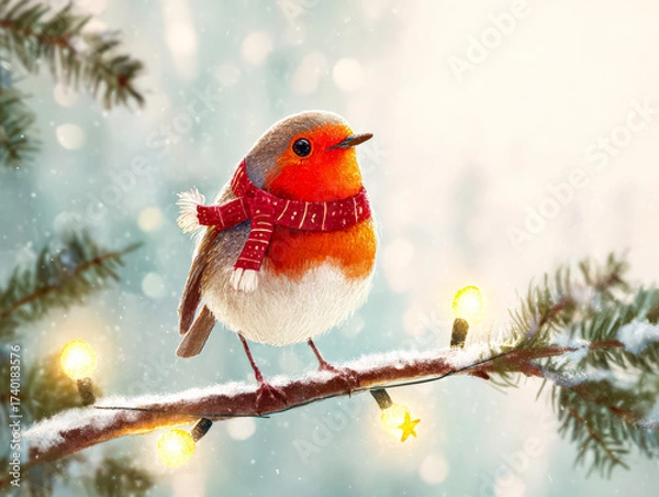 Fototapeta Charming robin perched on snowy branch adorned with festive lights for Christmas celebration