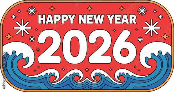 Fototapeta Happy new year celebration design with ocean waves and stars in red background