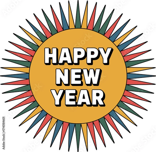 Fototapeta Happy new year text inside a yellow circle with colorful rays around the circle