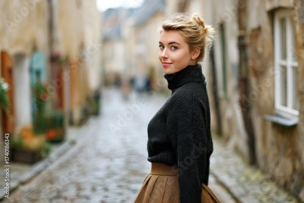 Fototapeta Stylish woman in a burnt wood turtleneck sweater poses confidently on a cobblestone street, showcasing a blend of fashion and urban charm in a picturesque setting