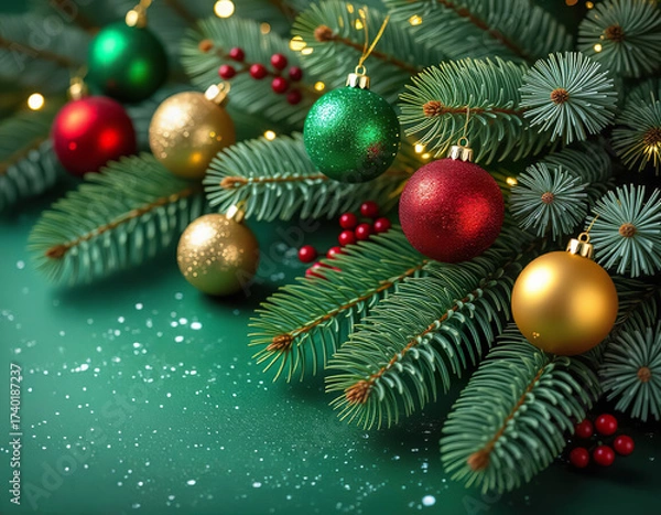 Obraz Christmas card - fir branches and Christmas tree balls against a green background