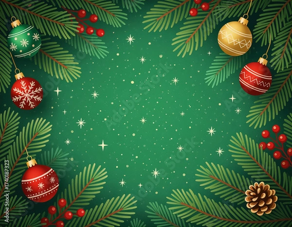 Fototapeta Christmas card - fir branches and Christmas tree balls against a green background