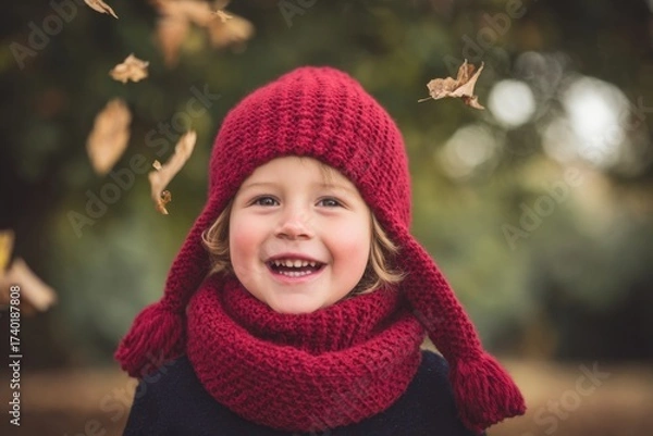 Fototapeta Child wearing a cranberry red knit hat and scarf smiles joyfully while playing outdoors, surrounded by falling leaves, capturing the essence of autumn and childhood happiness