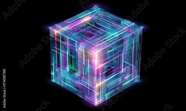 Fototapeta Abstract Glowing Cube with Neon Lines on Black Background.