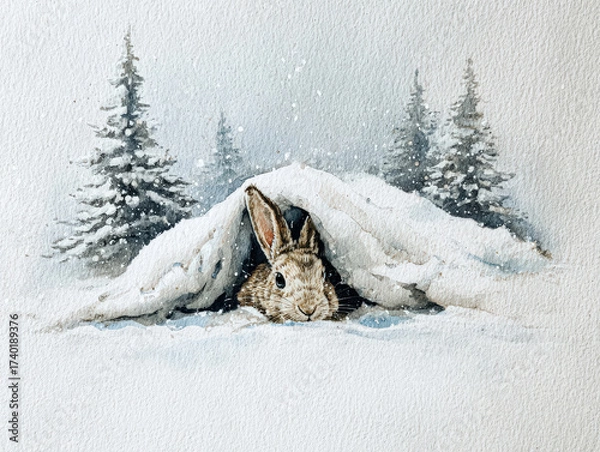 Fototapeta Winter rabbit emerging from snow cave in serene forest landscape with Christmas ambiance