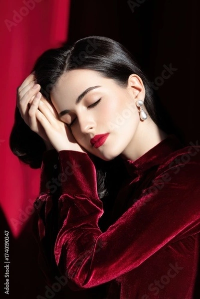 Fototapeta Fashion portrait of a model with elegant hairstyle, wearing cranberry velvet attire, showcasing beauty and sophistication against a rich, textured backdrop with soft lighting