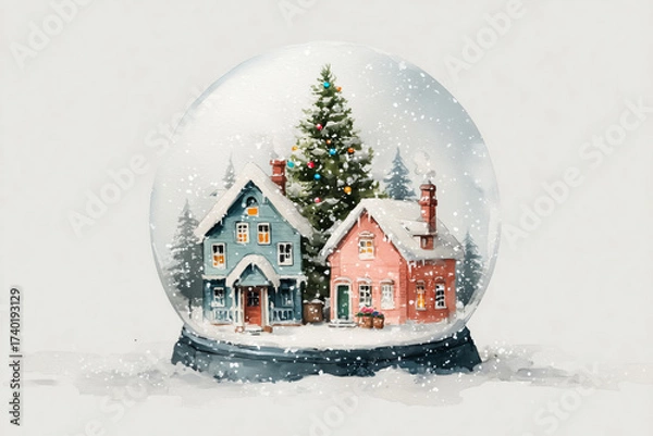 Fototapeta Charming watercolor snow globe capturing a winter village scene filled with joy