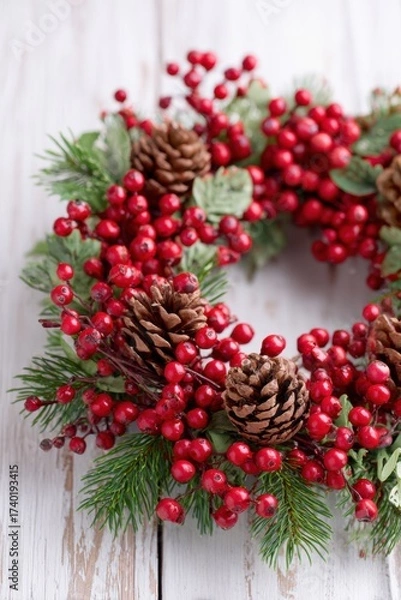 Fototapeta Rustic wreath adorned with cranberry red berries and pinecones, showcasing natural elements and textures, perfect for seasonal decor and festive ambiance with copy space