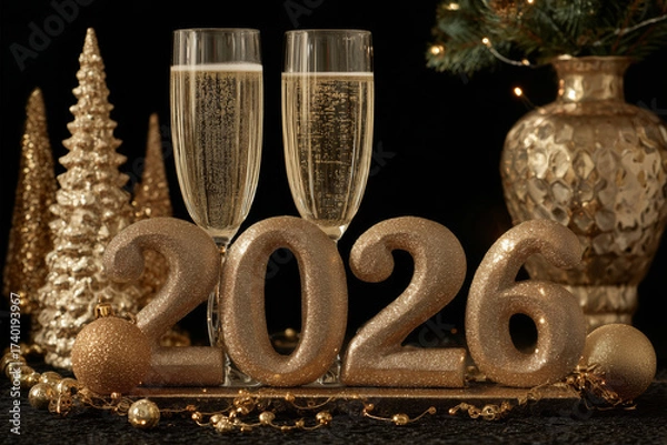 Fototapeta Elegant celebration with sparkling champagne to welcome the New Year 2026