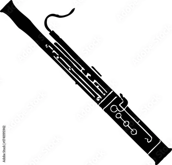 Fototapeta Silhouette of a bassoon with long body, curved metal crook, and distinctive double reed structure.