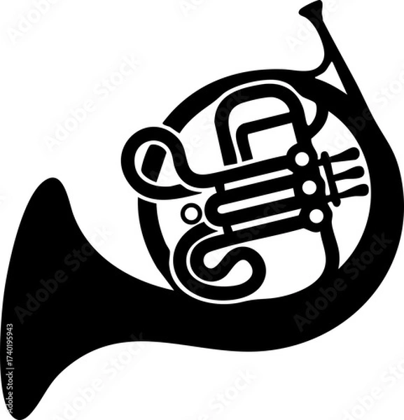 Fototapeta Silhouette of a horn with circular tubing and wide bell as a brass wind instrument.